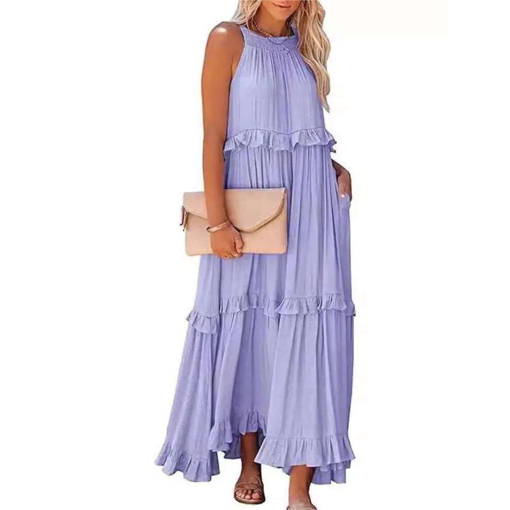 Summer Vacation Style Halter Neck Long Dresses Women Fashion Backless Leace-up Loose Ruffles Beach Dress Elegant Ladies Vestidos C260312