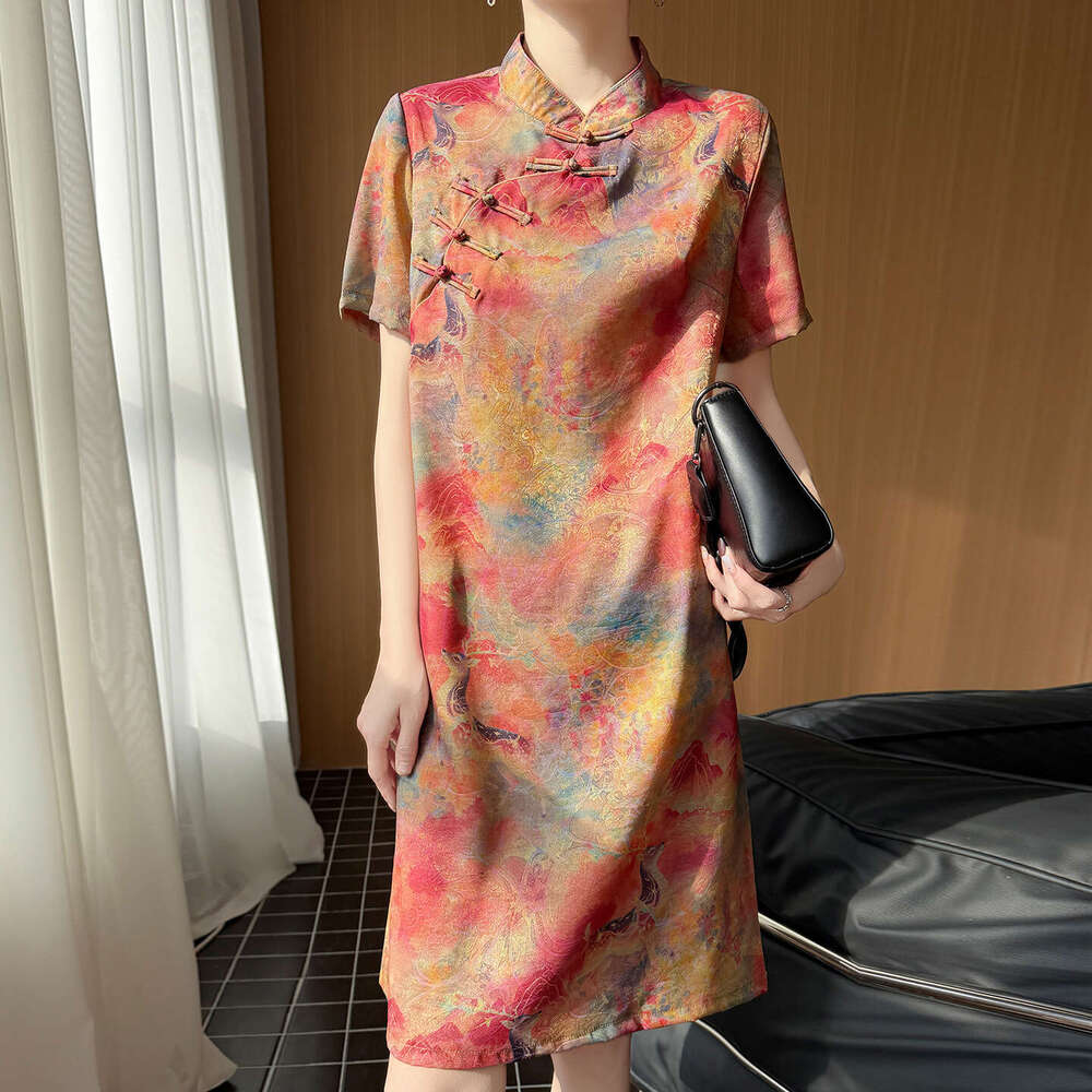 Chinese Style Cheongsams Woman Traditional Dress Floral Print Qipao Satin Slim and elegant dress, Chinese style dress, fashionable buckle