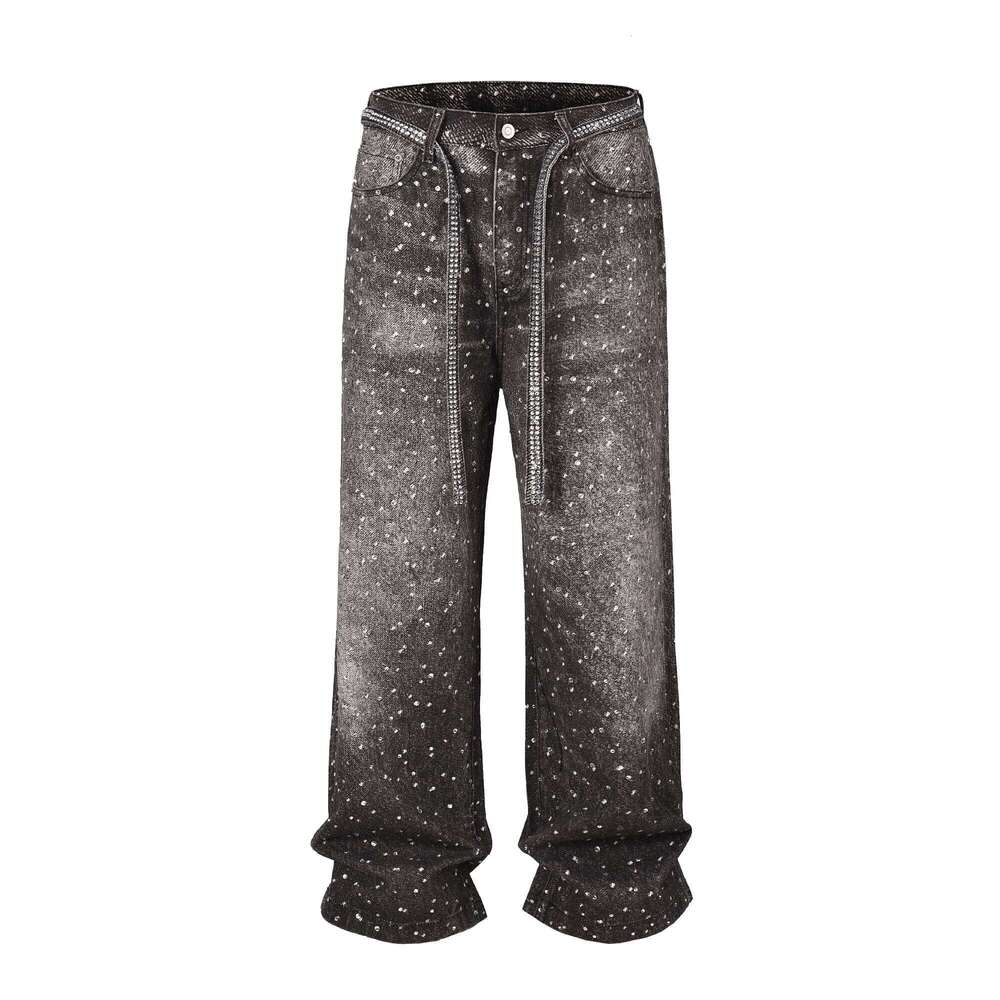 Full Rhinestone Print Washed Blue Baggy Jeans Mens and Women Ropa Hombre Streetwear Solid Casual Denim Trousers Loose Cargos 26Y0312