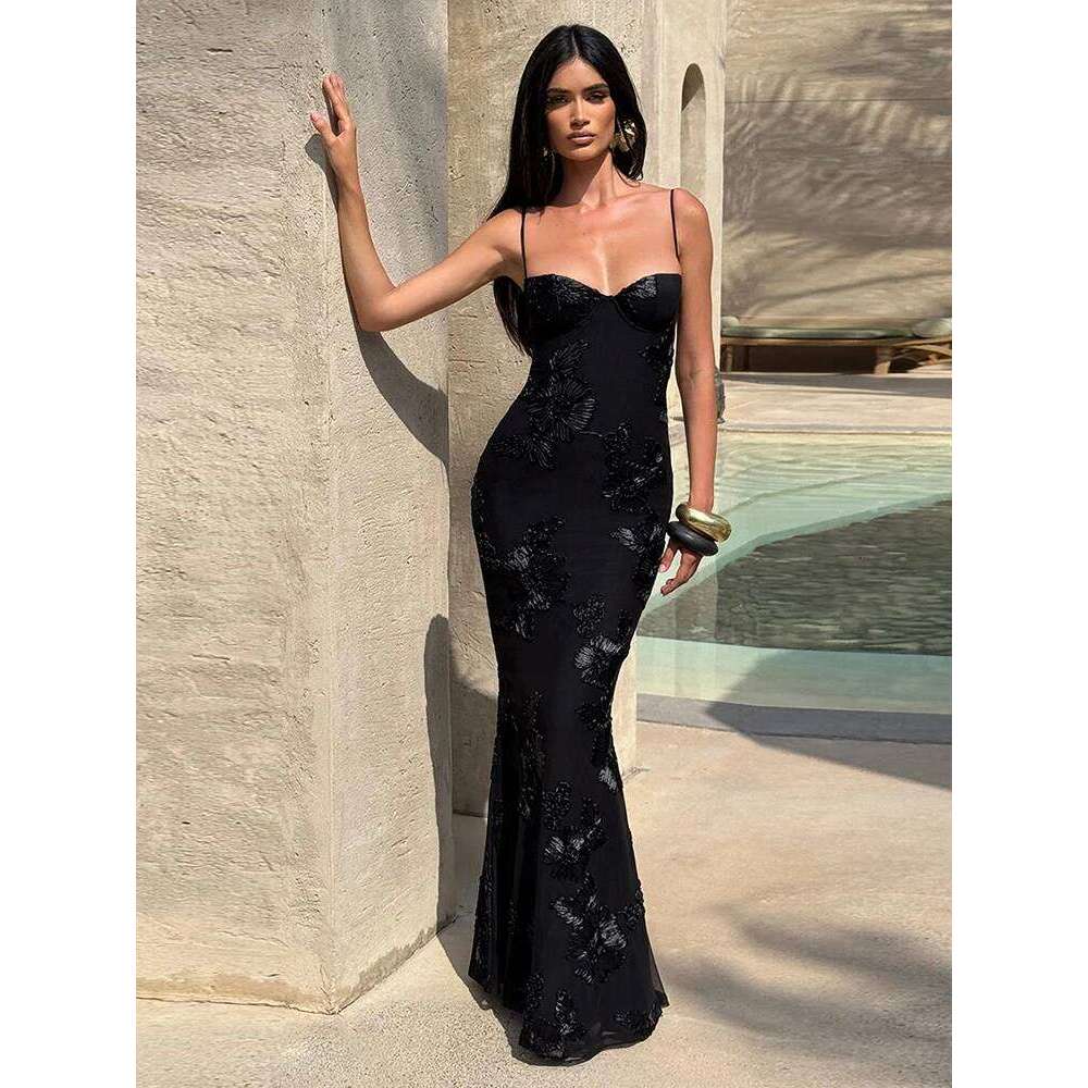 Nibber Elegant Flower Embroidery Maxi Dress Women Low-Neck Cross Bandage Backless Summer Street Trend Skinny Holiday Vestidos C260312