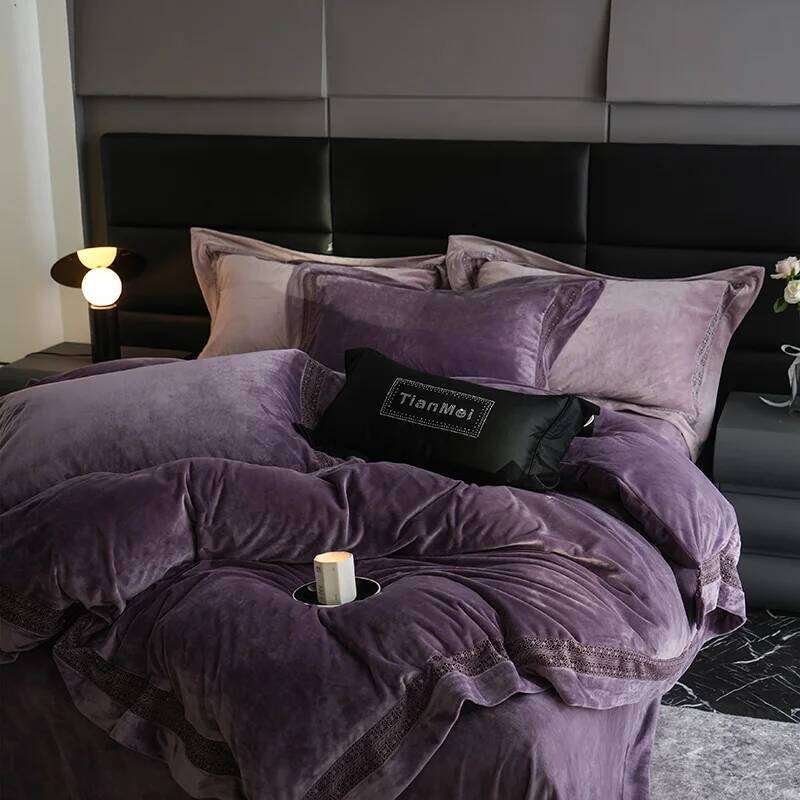 4Pcs Winter Thickened Milk Velvet Purple Bedding Hollow Wide Edge Duvet Cover Set Flat/Fitted Bed Sheet Pillowcases H260312