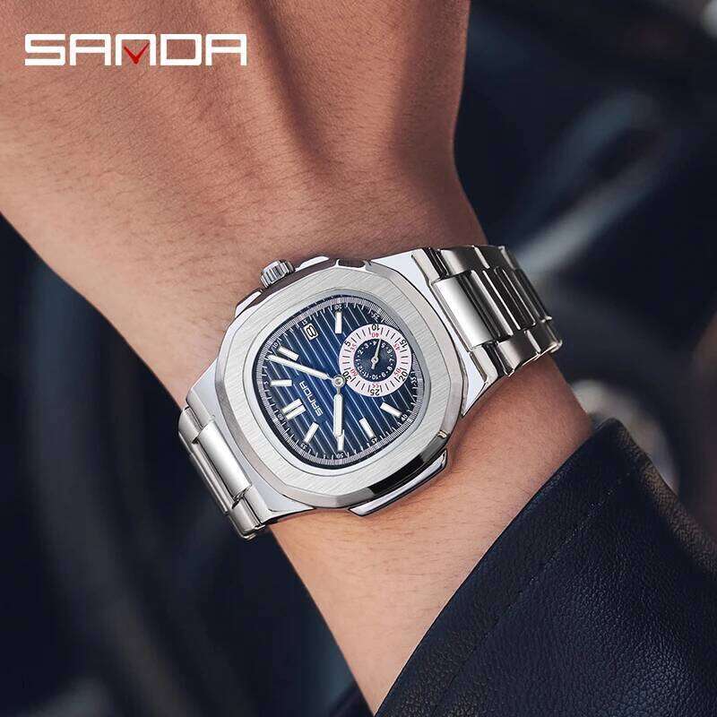 SANDA 7020 Elegant Men's Calendar Watch Unique Design Dial Stainless Steel Strap Japanese Quartz Movement Waterproof