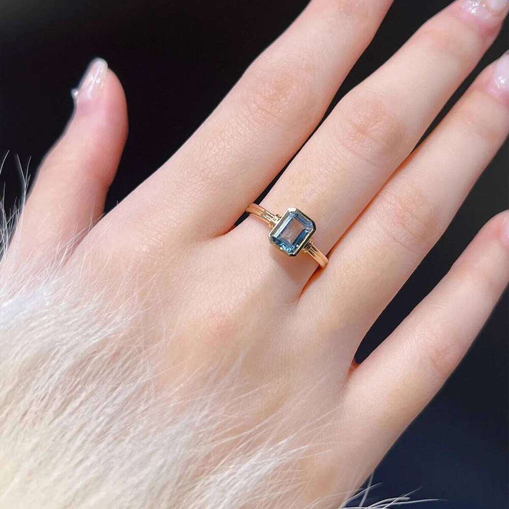 Refined S925 Sterling Silver Gold Plated Casual Aquamarine Ring Women Rectangular Material Easiest For Match H260312