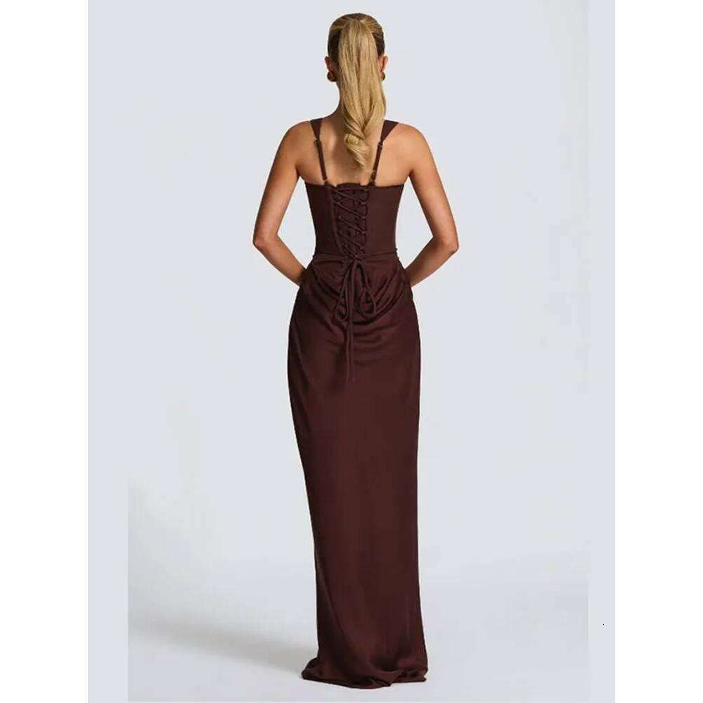Brown Sexy Pleated Mini Dress Women Fashion Square-neck Sleeveless Bodycon Backless High Waist Dresses New Lady Party Club Robe C260312