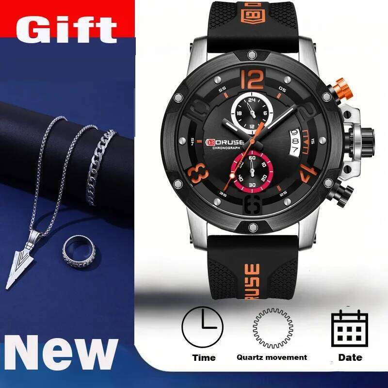 4 PCS SET BORUSE Luxury & Triangle Spearhead Necklace Set, Mens Quartz Waterproof Watches Business Silicone Watch