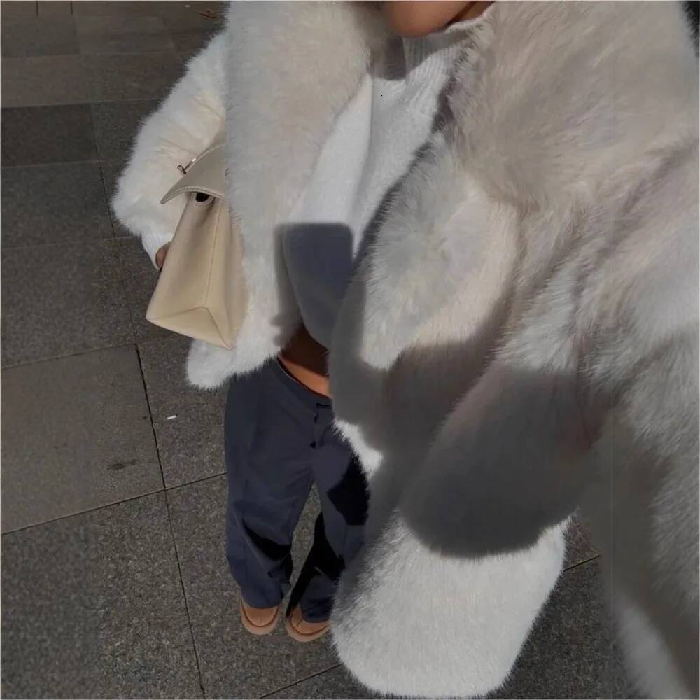 KIDCRKJ Winter Women Mink White Snap Button Lapel Faux Fox Jacket For Lady Chic Fluffy Female Artificial Fur Coat