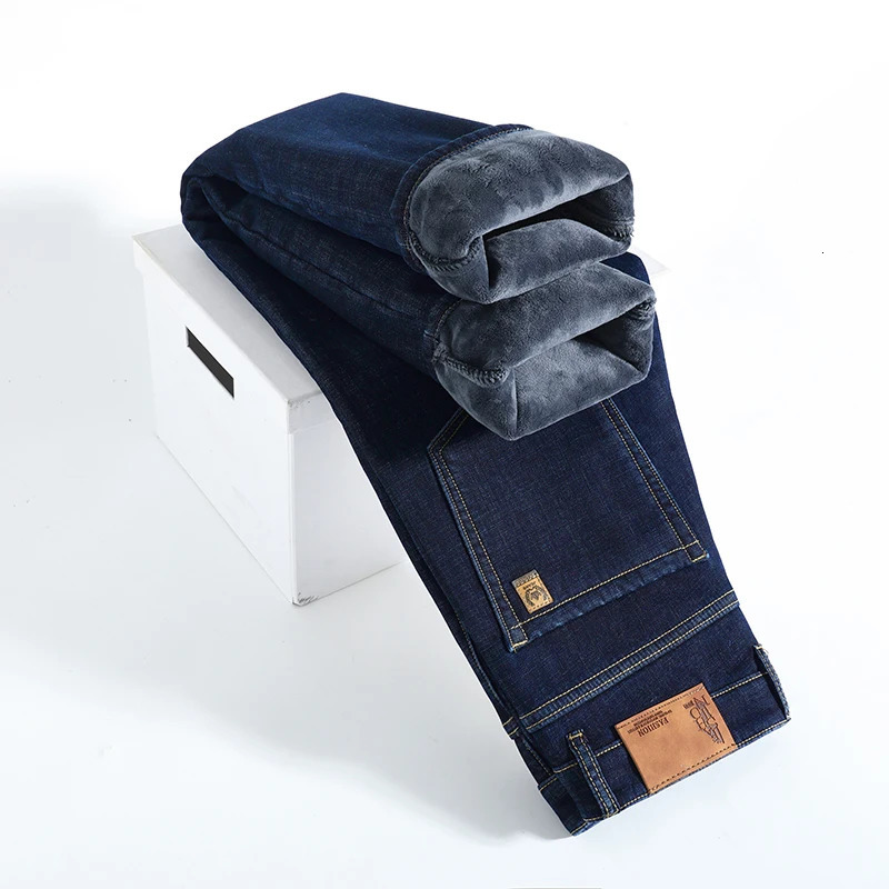 Winter Warm Fleece Jeans Mens Thick Thermal Casual Straight Denim Pants Male Business Work Stretch Trousers Clothing 260228