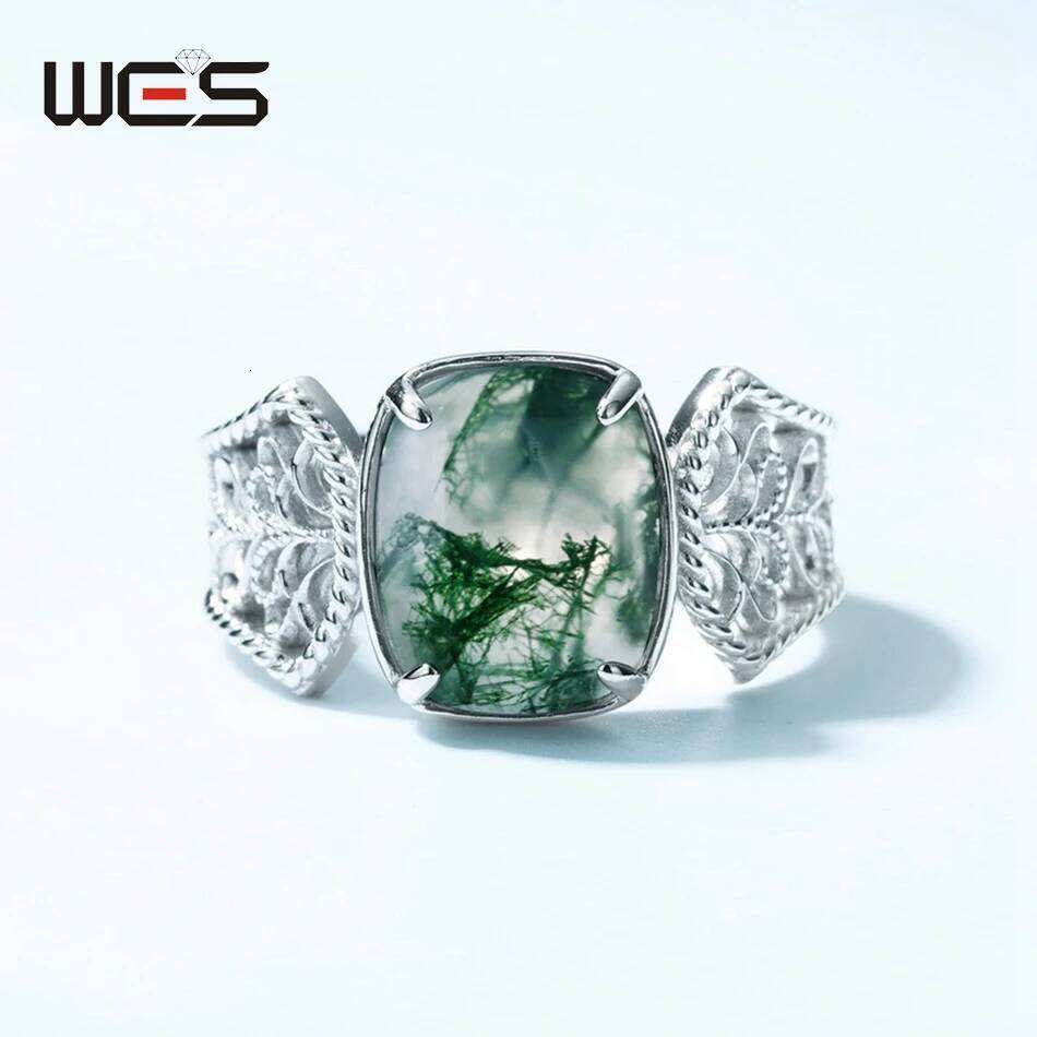 WES 925 Sterling Silver Natural Vintage 8*10mm Green Moss Agate Open Rings for Woman Wedding Gifts Certified Jewelry Wholesale H260312