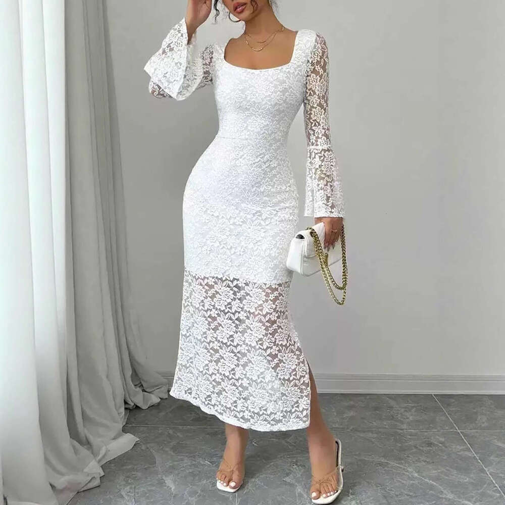 European and American style 2025 autumn new split skirt sexy fashion lace splicing square neck bell sleeve slim-fit dress