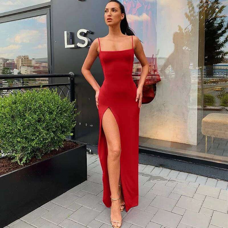 New Dresses 2025 Woman Fashion Slim Waist Solid Color Split Camisole Skirt C260311