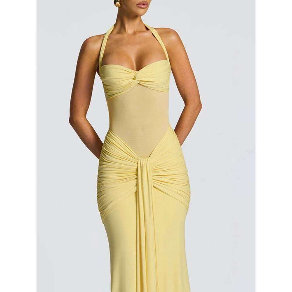 kliou Patchwork Elegant Women Maxi Dress Classic Sexy Sheer Ribbons Halter Backless Bodycon Female Trend Festival Evening Wear C260311