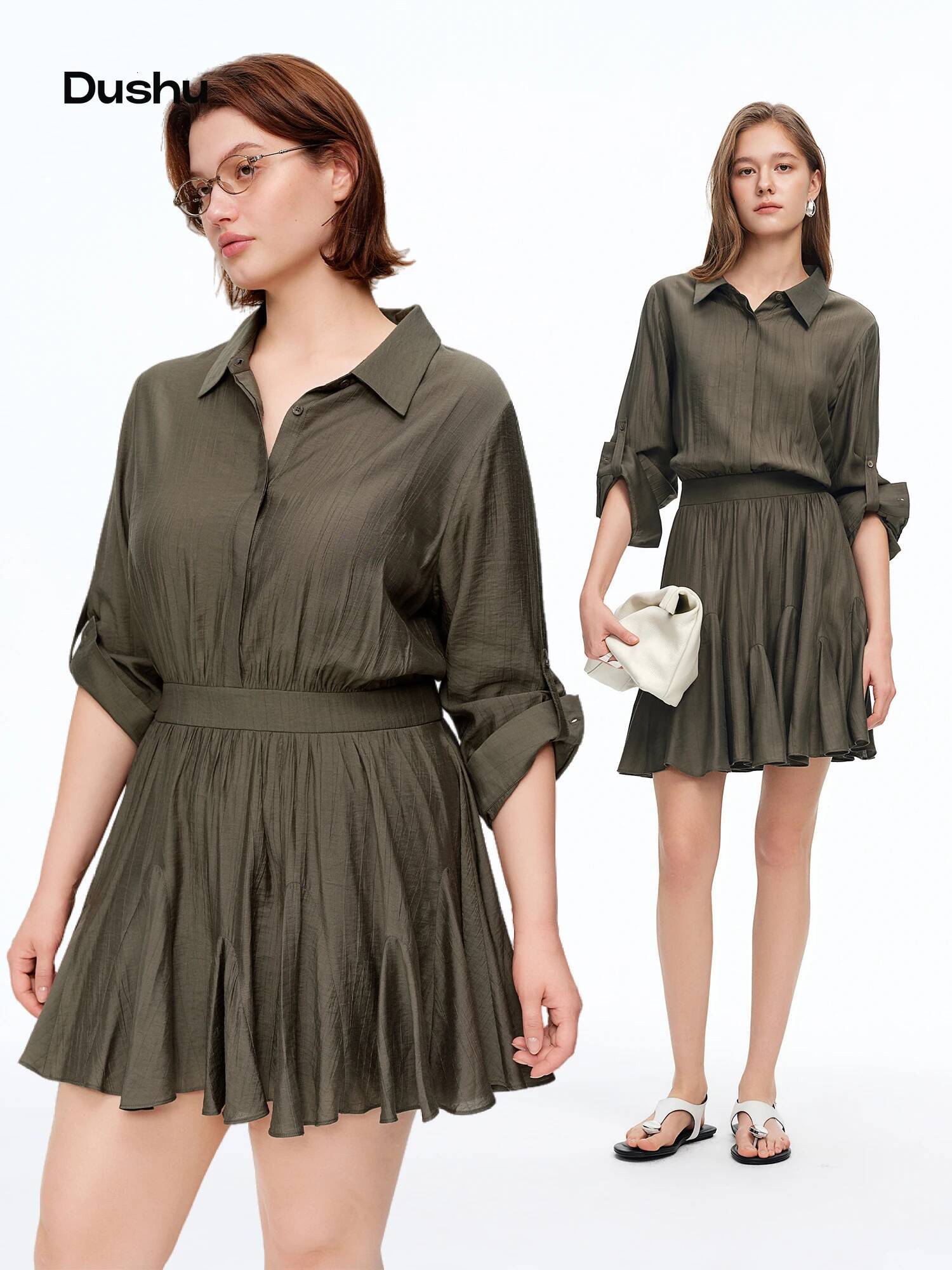 DUSHU 2026 Spring New Women's Shirt Collar Belted Midi Office Chic Wrap Dress for Effortless Elegance & Minimalist Style