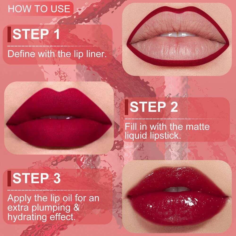 Matte Liner Gloss Lip Oil Set, 3-in-1 Waterproof Non-sticky Long-Lasting Lipstick, Nude Deep Red Mauve, Christmas Makeup W260311