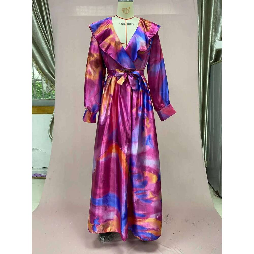 Print Dress Women Long Dresses Full Sleeve Sashes Tight Waist 2024 Autumn Female Temperament Elegant Office Lady Vestidos C260312