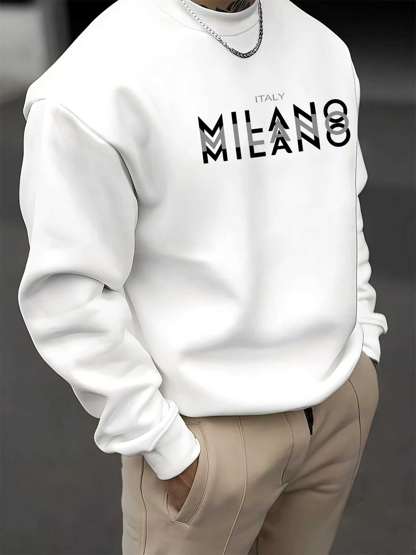 Mens autumn and winter casual loose fashion classic MILANO ITALIA letter pattern printed long sleeved round neck sweatshirt M260312