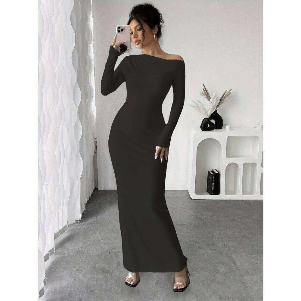 Autumn new style individual solid color trendy elegant high-waist long-sleeved figure-hugging bodycon dress sexy C260312