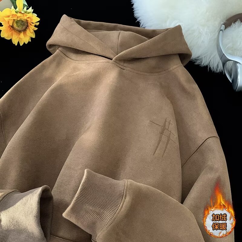 Spring And Autumn Suede Sweatshirt For Men New Loose-fit Trendy Designer Hoodie Brand With Embroidered Letters Fleece-lined Hooded Top