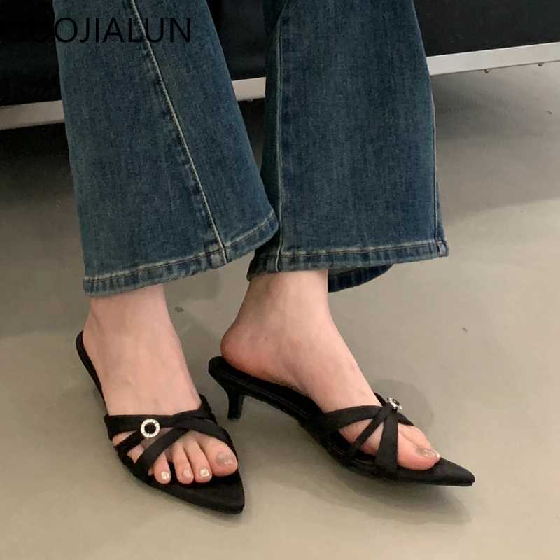 SUOJIALUN 2025 Summer New Women Slipper Fashion Pointed Toe Open Toe Ladies Elegant Slides Thin Low Heel Outdoor Dress Sandal K260312