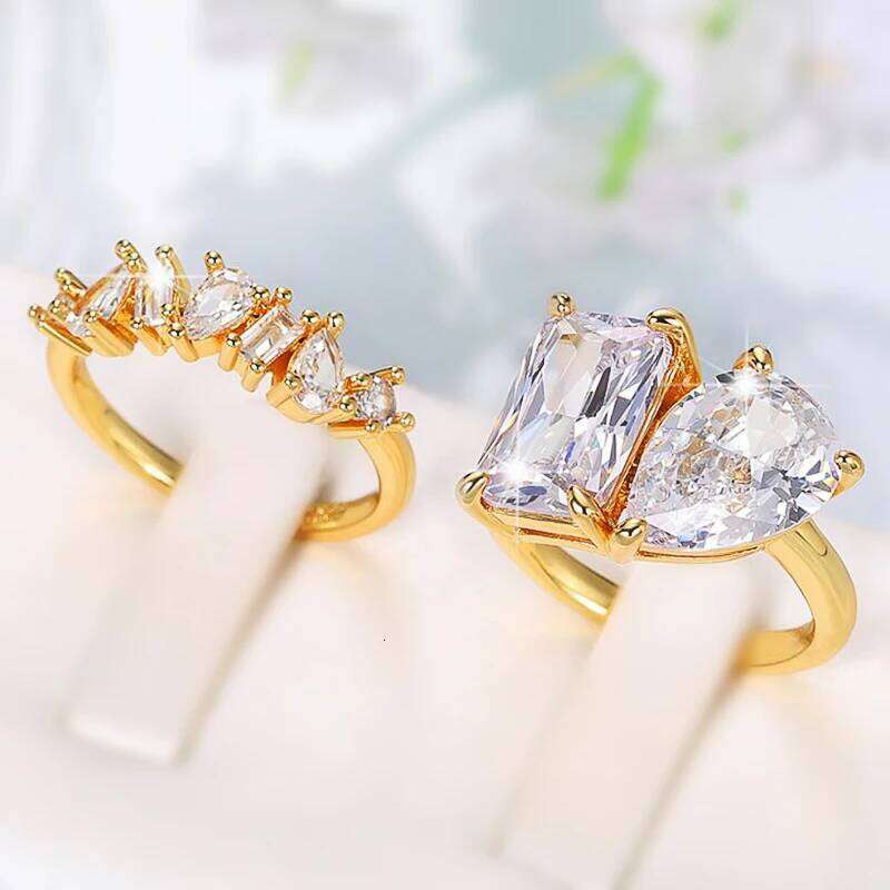 Huitan Waterdrop Rectangle Cubic Zircon Set Rings for Women Gold Color 2023 New Wedding Party Accessories Fashion Female Jewelry H260312