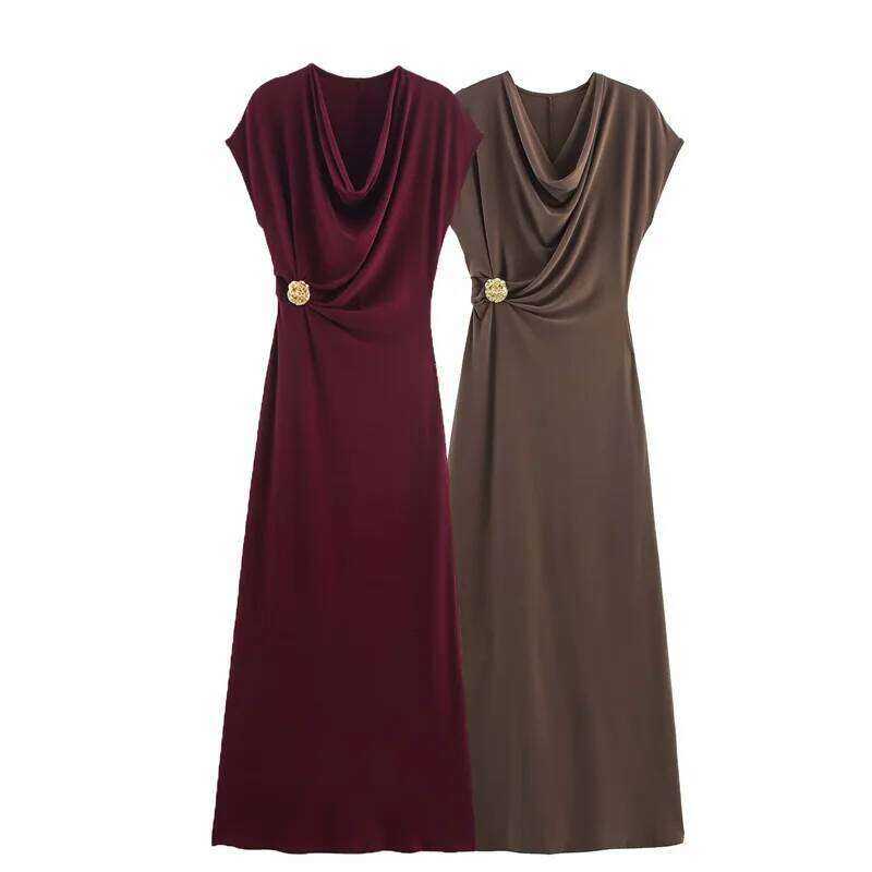 Women's Summer 2025 New Solid Color Short Sleeve Pleated Gold Embellished Long Dress Elegant Temperament Personality Fashi C260312