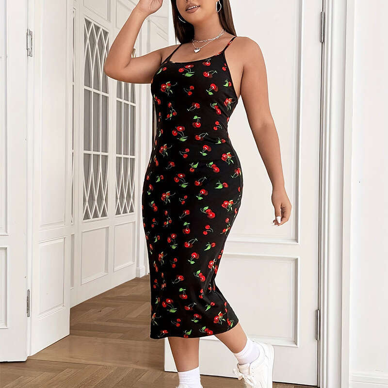 Cross-border French cherry print sweet long dress, European and American style, waist-cinching plus size suspender dress