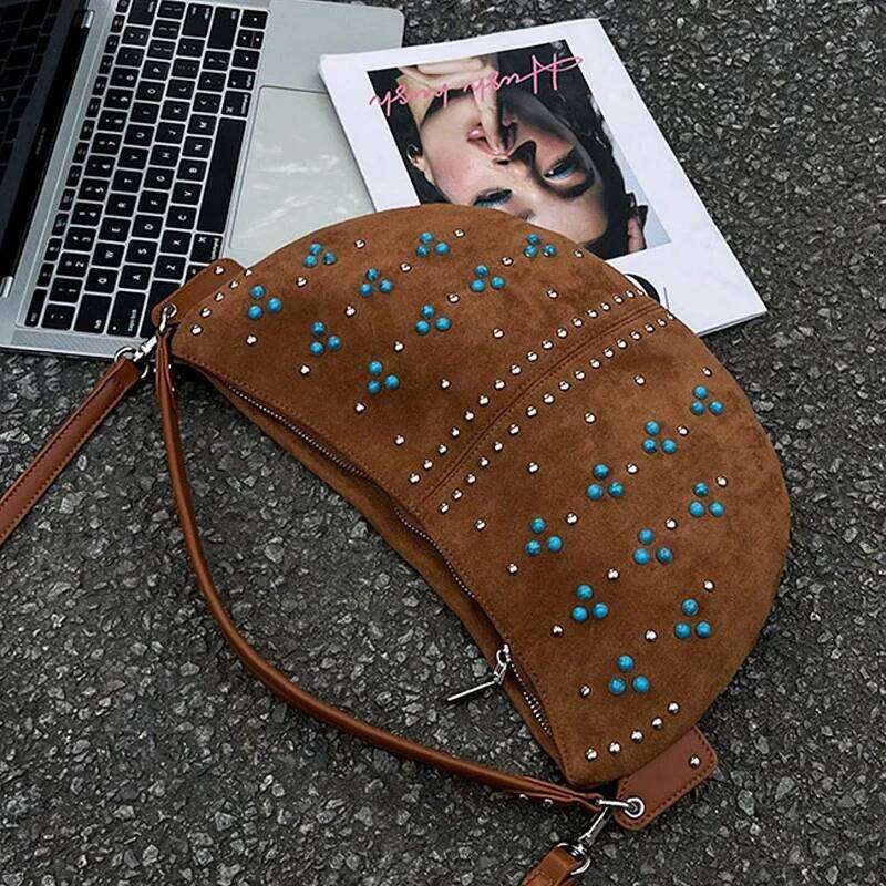 Bohemian Slim Half Moon Bags For Women Luxury Designer Handbags Purse 2025 New In Faux Suede Vintage Rivet Pearl Armpit Shoulder