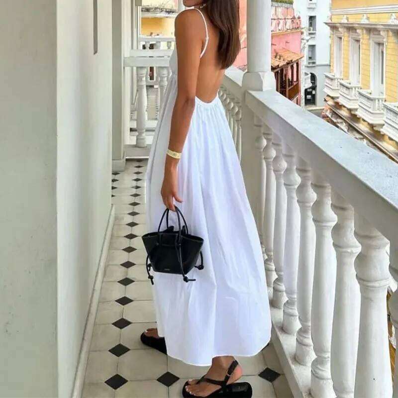 New Dresses 2025 Woman Fashion Summer Sexy Backless V-neck Skirt Holiday Solid Colours Top Clothing C260312