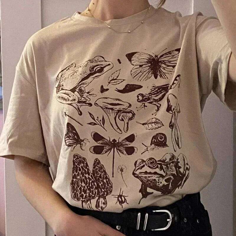 Cute Cottagecore Aesthetic Frog Mushroom Print Shirt Fashion Women Street Tshirts Casual Cotton Short Sleeve Graphic Tops Tees Z260312