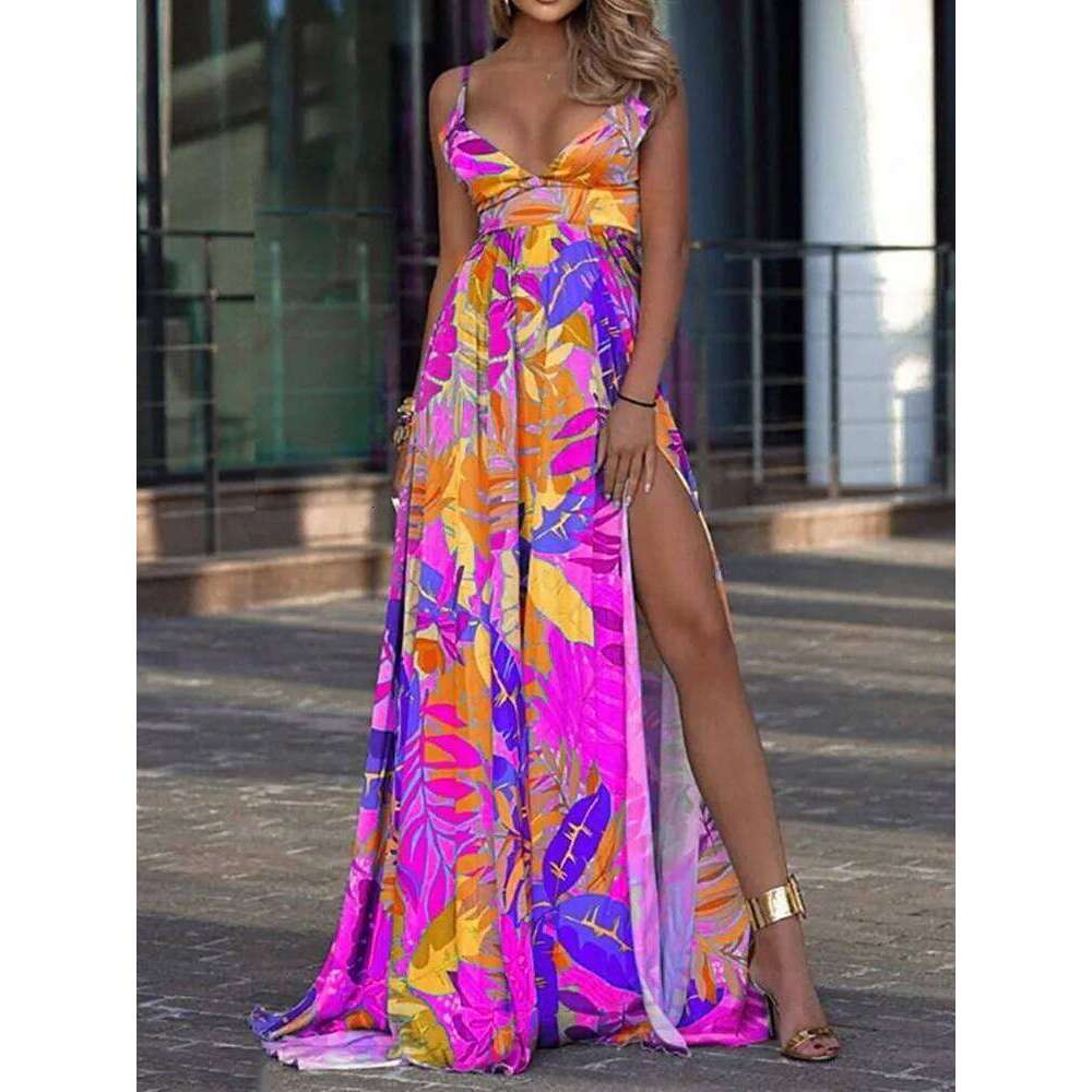 Color Print Spaghetti Strap Long Dresses Women Sexy Deep V-neck Backless Slit Dress Fashion Bohemian Beach Vacation Maxi Vestido C260312