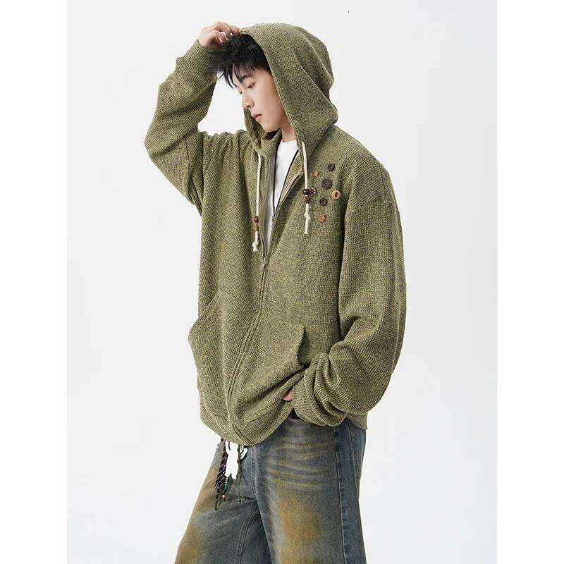 Men Japanese Retro Waffle Knit Hoodie Cardigan Wooden Button Decor Oversized Zipper Front Autumn Casual Outerwear