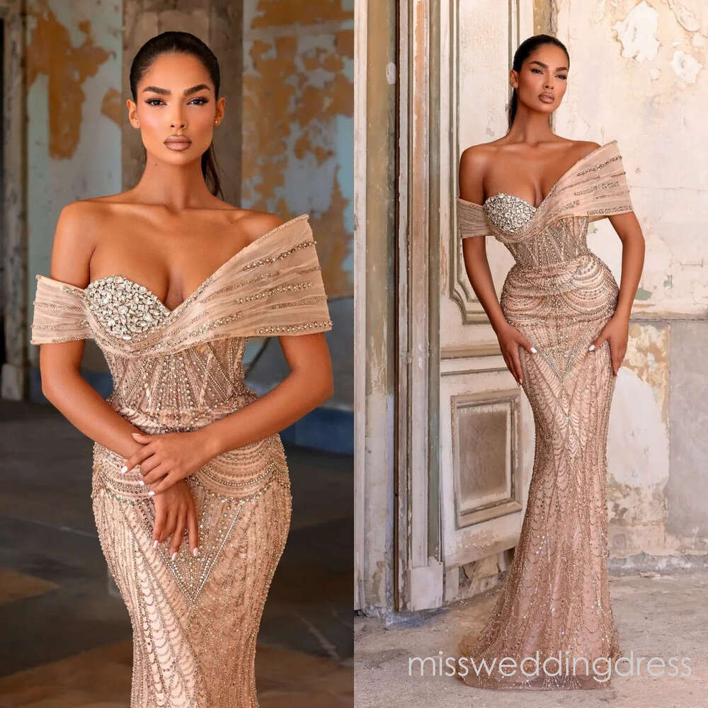 Gorgeous Evening Dresses Off Shoulder Crystal Prom Gown Backless Sequins Beaded Mermaid Party Dress Customized Vestidos De Noche Plus Size