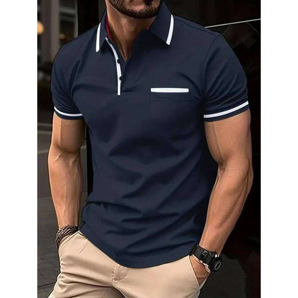 Men's casual lapel men's T-shirt Casual fashion solid color top short sleeve 26H0312