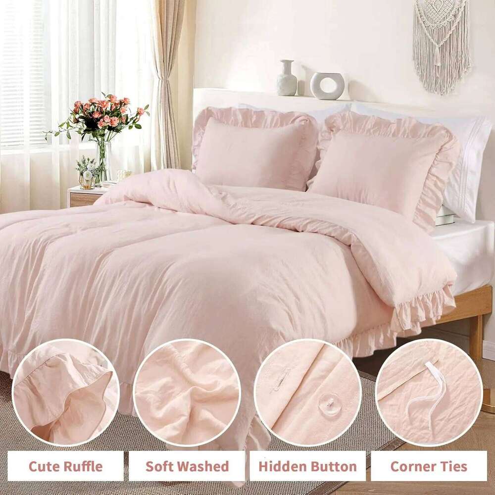 104"x90" Lotus Leaf Edge Bedding Set Large Double Bed Bedroom Soft Washed Polyester 1 Duvet Cover + 2 Pillowcases H260312