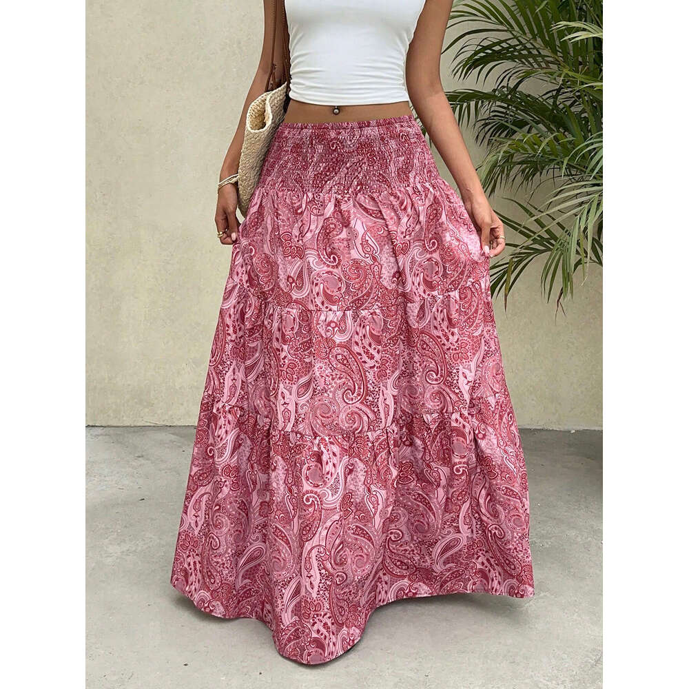 2025 European and American Cross-Border Foreign Trade Vacation Style Elastic Waist Long Skirt