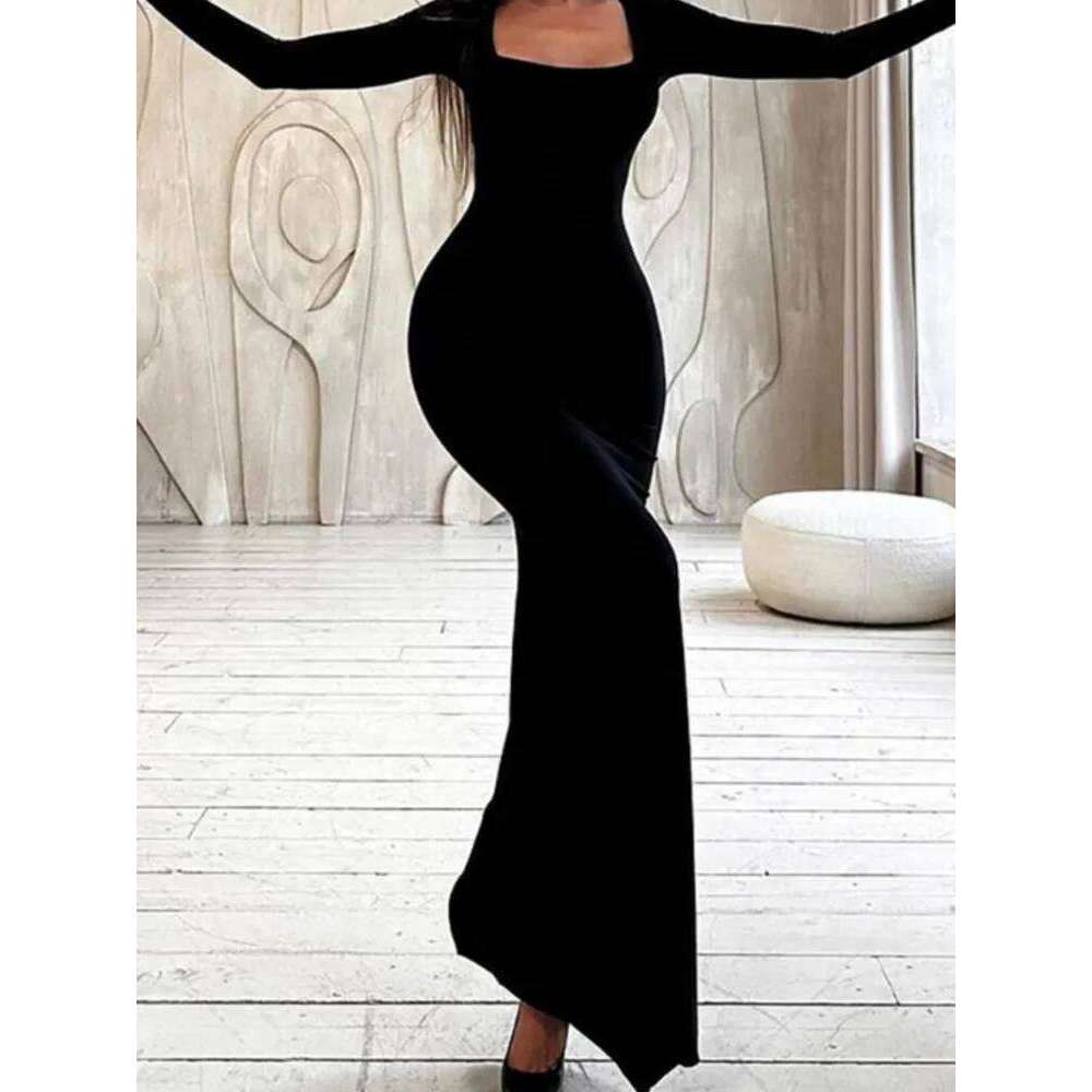 Sexy Black Slim Dresses Women Long Sleeve Square Collar Low Cut Package Hip Bodycon Maxi Dress Fashion Party Club Vestidos C260312