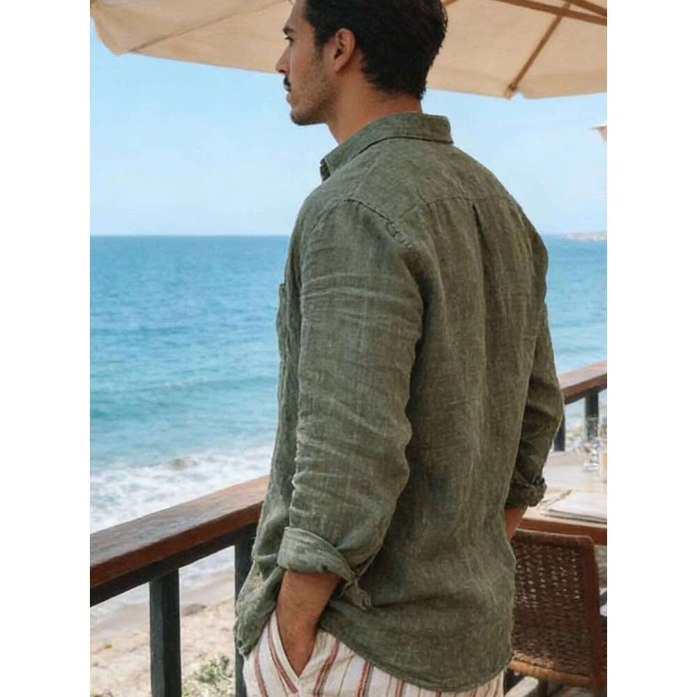 Men's new men's long sleeve buttoned cotton linen shirt lapel cardigan