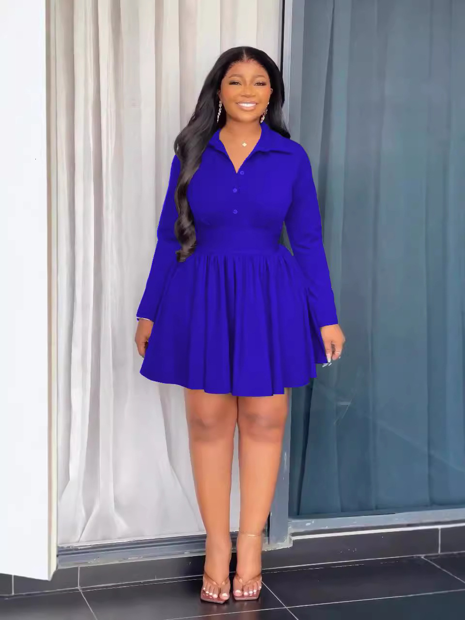 Womens Fashionable Elegant Collared Buttoned Pleated Ruffle Long Sleeve Dress