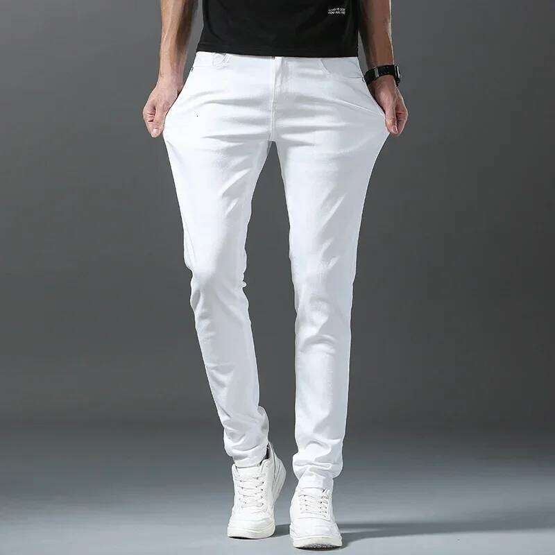 Spring Summer New 98%Cotton Men's Slim Jeans Straight Casual Fashion Pencil Pants High Quality Trousers Male Clothes White 26Y0312