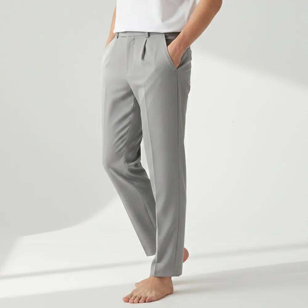 Men's Casual Straight Leg Dress Pants Korean Fashion Solid Color Semi Elastic Waist Business Trousers Spring Summer Clothing