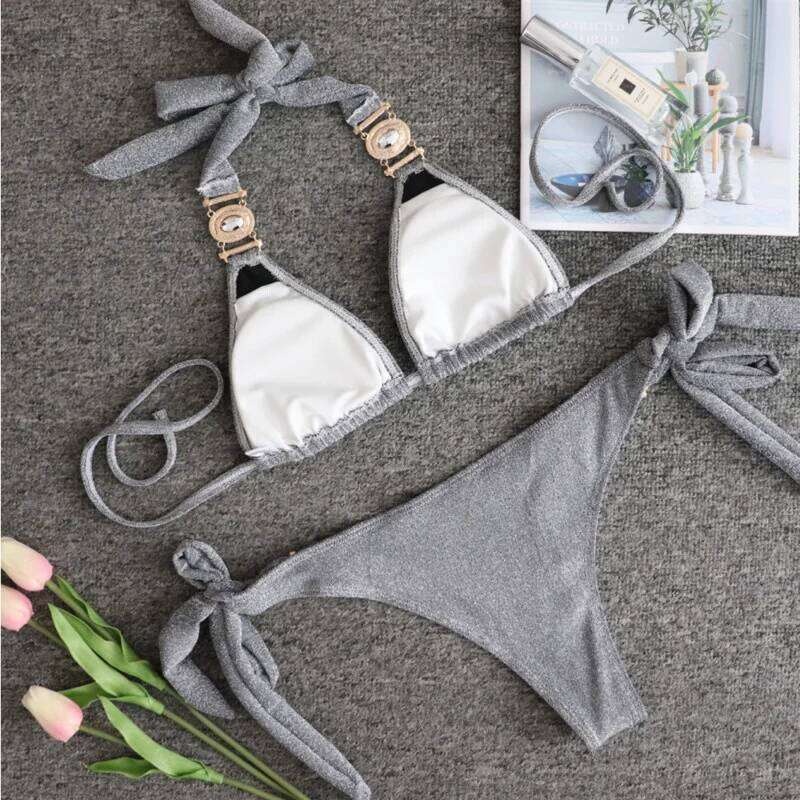 2026 Sexy Bikinis Swimsuit With Rhinestones Solid Color Swimwear Female Push Up Bikini Beach Swimming Bathing Suit Women Bather Y260303