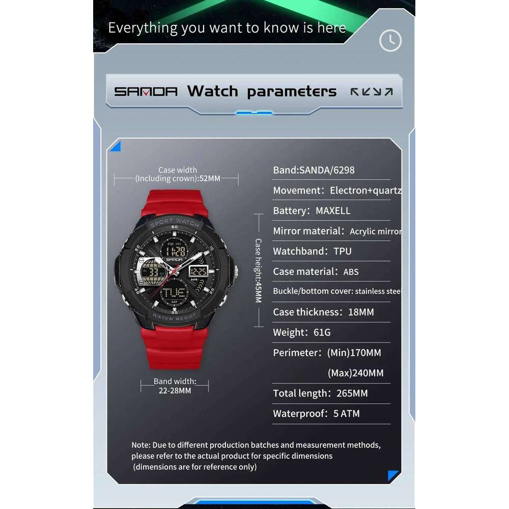 SANDA 6298 brand casual men's sports backlight 50M anti student alarm clock dual display digital watch 2026