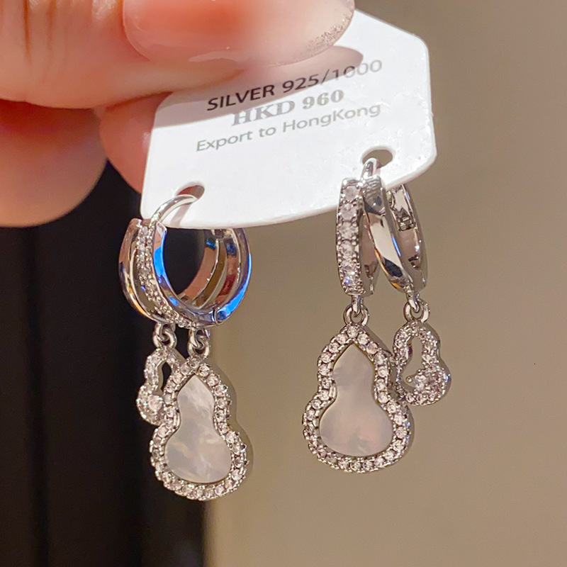 Earrings Light Luxury Zircon Mother-Of-Pearl Hollow Gourd Double-Layer Earrings With A Minimalist, Niche, Fashionable, High-End, Unique Style Earrings