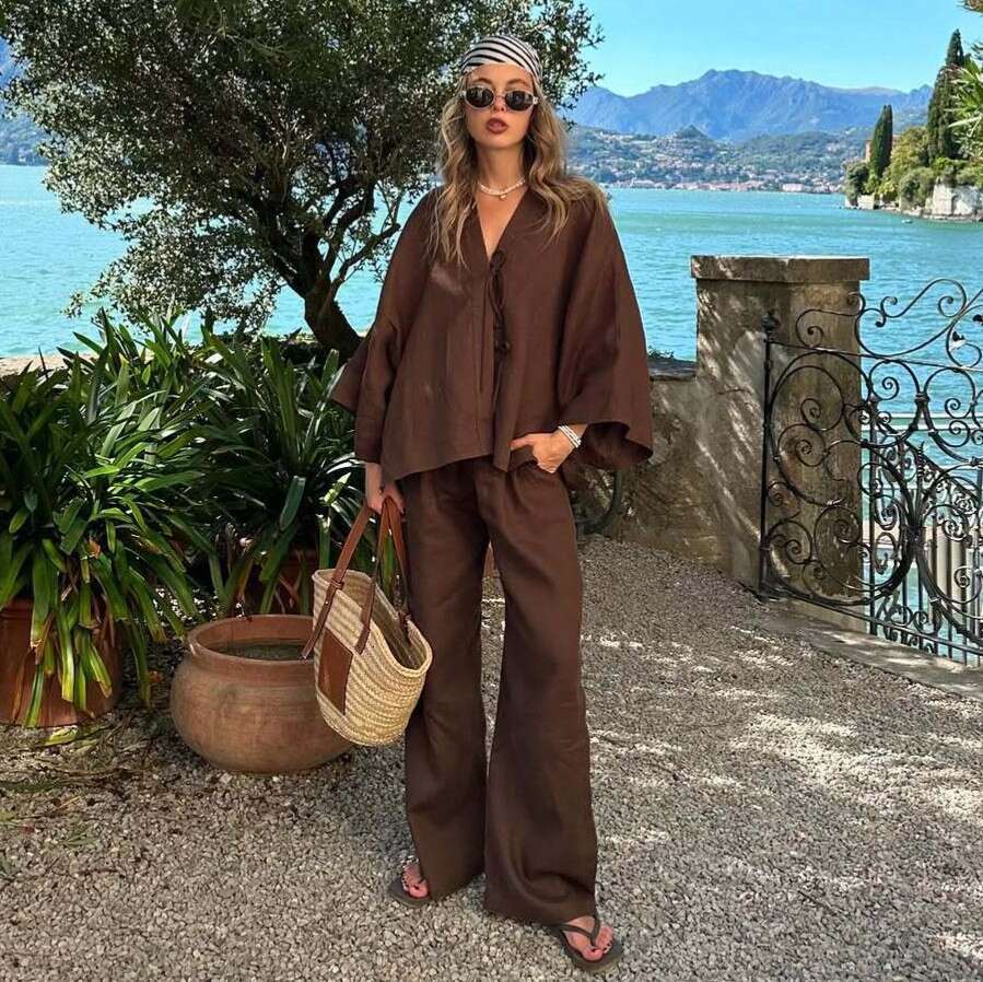 Spring Summer New Casual Cotton Suit Lace Up Top Wide Leg Pants European And American Cross Border