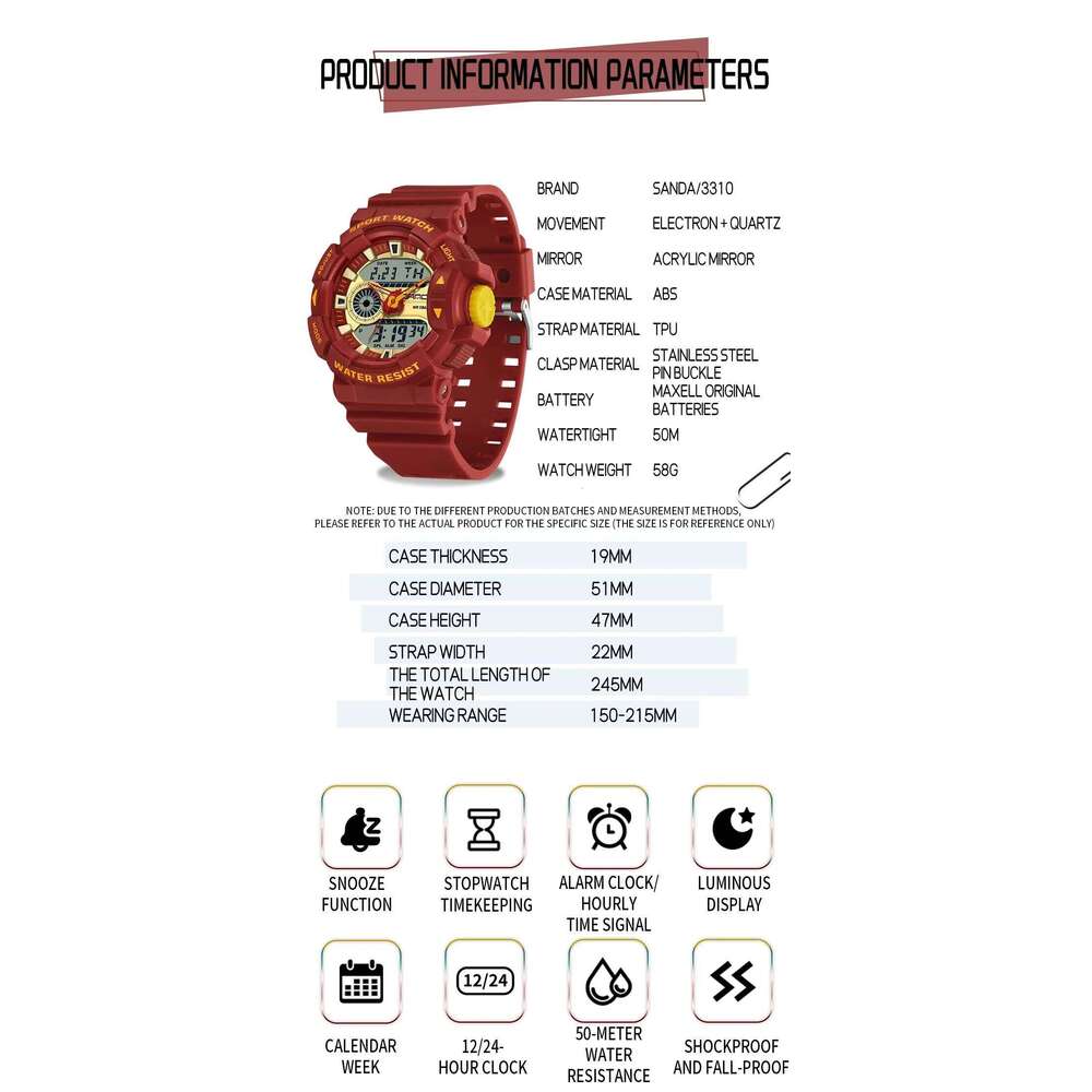 SANDA 3310 Fashion Men's Military Sports Multi functional Waterproof LED Dual Display Electronic Watch