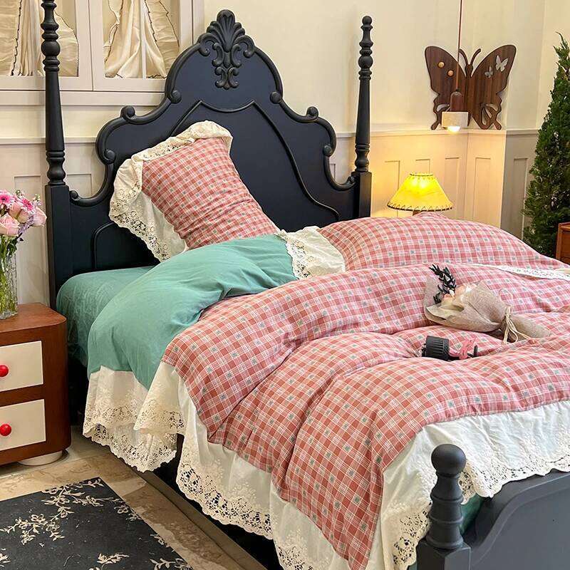 Vintage Plaid Pure Cotton double-layer yarn four-piece set French lace Bedding Set Duvet Cover Pillowcases Flat/Fitted Bed Sheet H260312