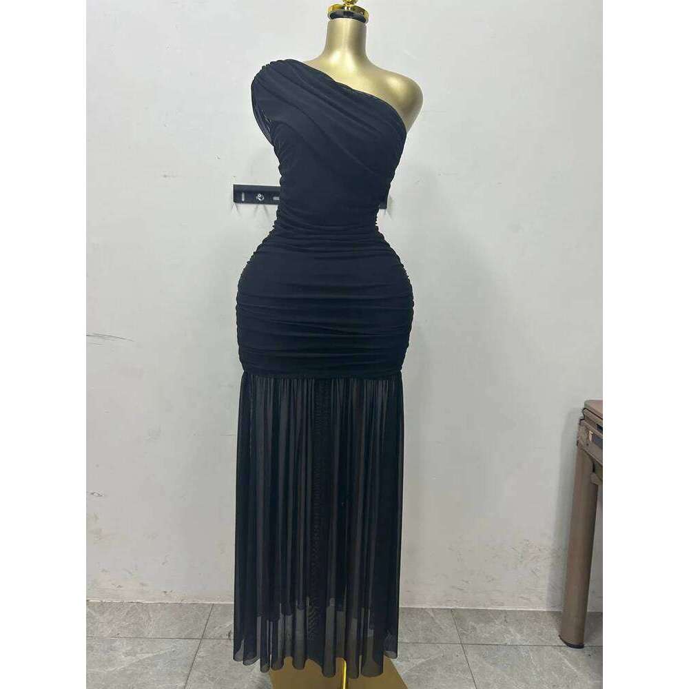 Stylish Evening Sexy Club Party Holiday Maxi Dress for Women Elegant Skew Neck One Sleeve Off Shoulder Mesh Slit Long Dresses C260312