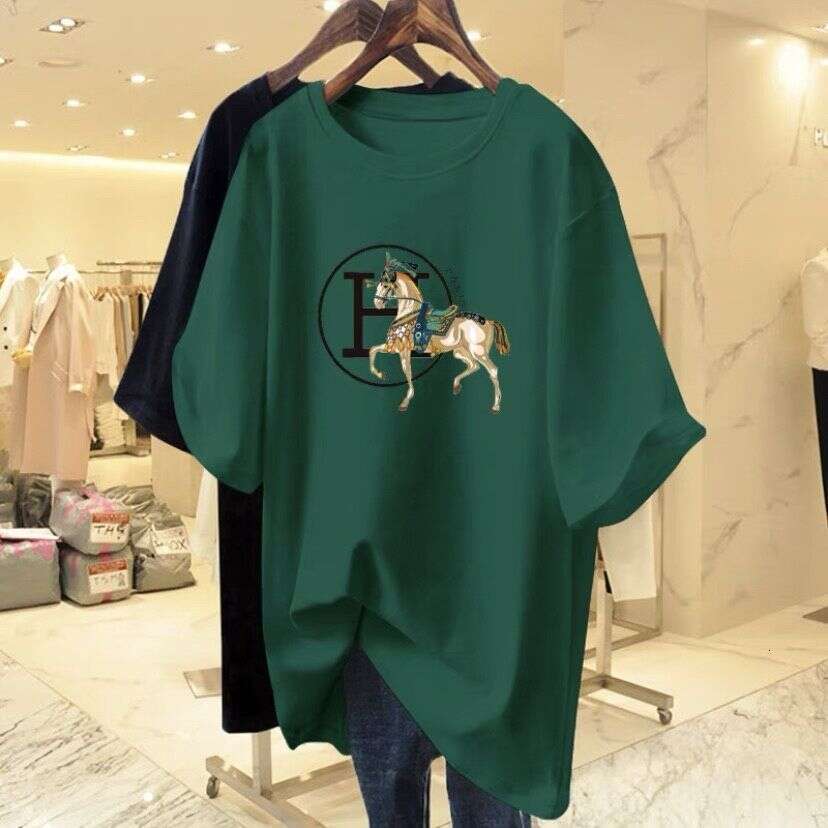 Horse-Patterned Dragon Fruit Red Women's T-Shirt New Model, Pure Cotton, Loose-Fitting, Mid-Length Short-Sleeve T-Shirt Asia Size
