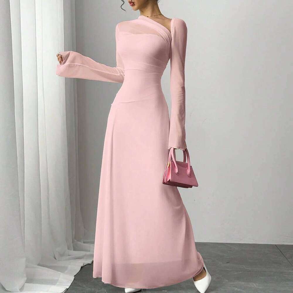 New spring/summer women's pink tulle explosion slim irregular diagonal shoulder ultra long dress C260312