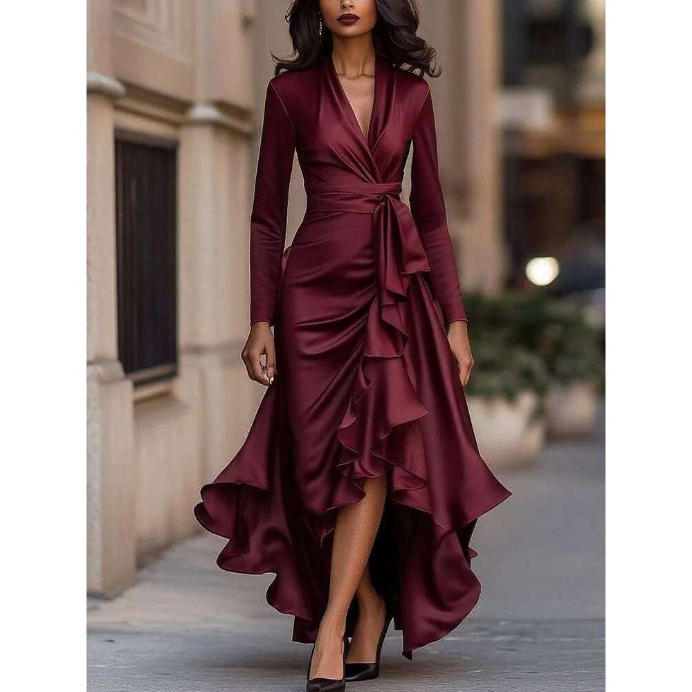 Women's Deep V-neck Ruffled Evening Gowns Solid Color Long Sleeves Lace-up High Waist Satin Party Dresses Wedding Guests Dress C260312