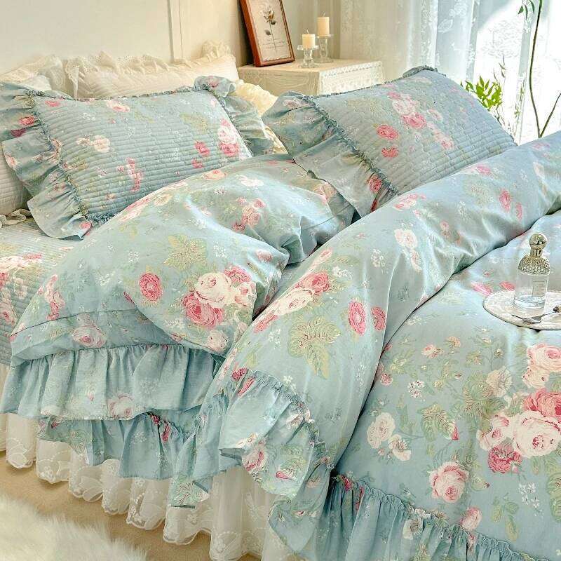 AI WINSURE-Romantic Cotton Duvet Cover Set, Double Bed, Lace Ruffle Bedspread, with 2 Pillowcases, Printed 4-Piece Set H260312